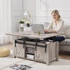 VEVOR 47.2” Farmhouse Lift Top Coffee Table with Sliding Barn Door, Rustic Center Table with Hidden Storage Compartment, Rectangle Lifting Large Tabletop for Living Room, Office, Easy Assembly, White(Grey)