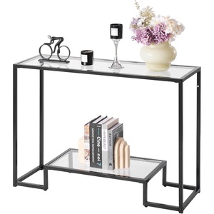 VEVOR 2-Tier Glass Console Table, Modern Rectangle Sofa Side Table with Tempered Glass Top and Iron Legs, Golden Consloe Desk with Anti-Tip Device for Living Room, Hallway, Entryway, Foyer, Golden(Black)