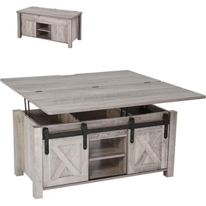 VEVOR 47.2” Farmhouse Lift Top Coffee Table with Sliding Barn Door, Rustic Center Table with Hidden Storage Compartment, Rectangle Lifting Large Tabletop for Living Room, Office, Easy Assembly, White(Grey)