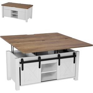 VEVOR 47.2” Farmhouse Lift Top Coffee Table with Sliding Barn Door, Rustic Center Table with Hidden Storage Compartment, Rectangle Lifting Large Tabletop for Living Room, Office, Easy Assembly, White(White)
