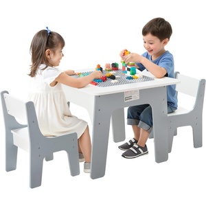 VEVOR Kid Activity Table and 2 Chairs Set, 23*23*20inch Graffiti & Building Blocks Double-Sided Tabletop, Toddler Play Table with Storage for Kids 3+ Years, Large Storage Space, Gift for Boys & Girls(23*23*20inch)