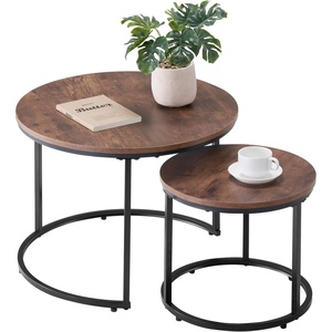 VEVOR Nesting Coffee Table Set of 2, 27.6 in Round Coffee Table, Nesting Tables for Small Place, Vintage End Side Tables Night Stand with Metal Frame, for Living Room, Bedroom, Office (White & Gold)(Brown)