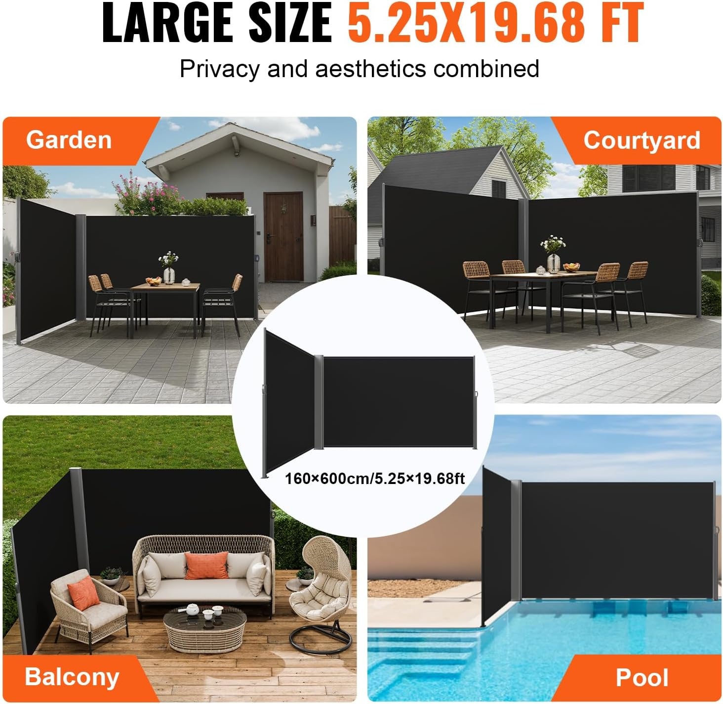image:imageVEVOR Retractable Side Awning UV 50 236 x 63 Double Retractable Patio Screen Waterproof 280 g Thicken Retractable Room Divider Black for Privacy Garden Outdoor Patio and Terrace BeigeBlack