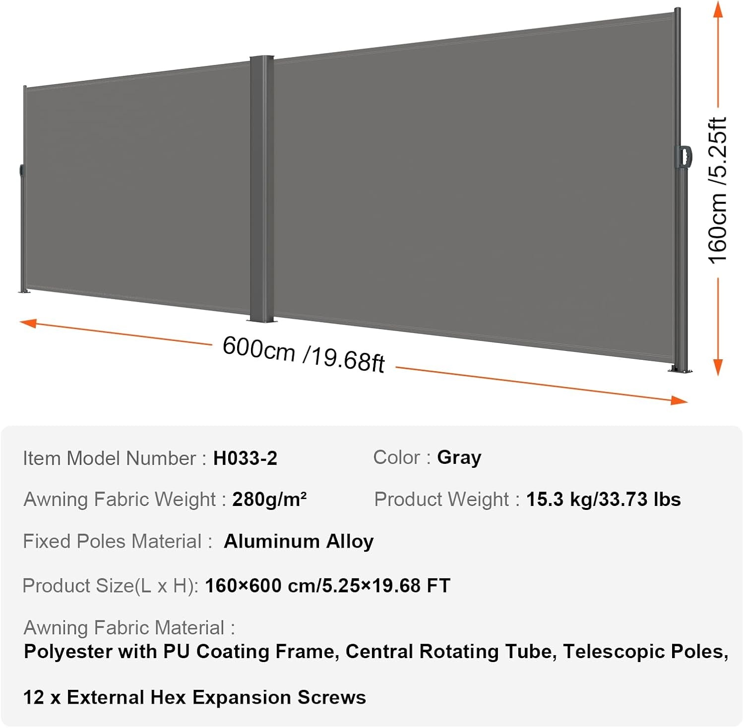 image:imageVEVOR Retractable Side Awning UV 50 236 x 63 Double Retractable Patio Screen Waterproof 280 g Thicken Retractable Room Divider Black for Privacy Garden Outdoor Patio and Terrace BeigeGray