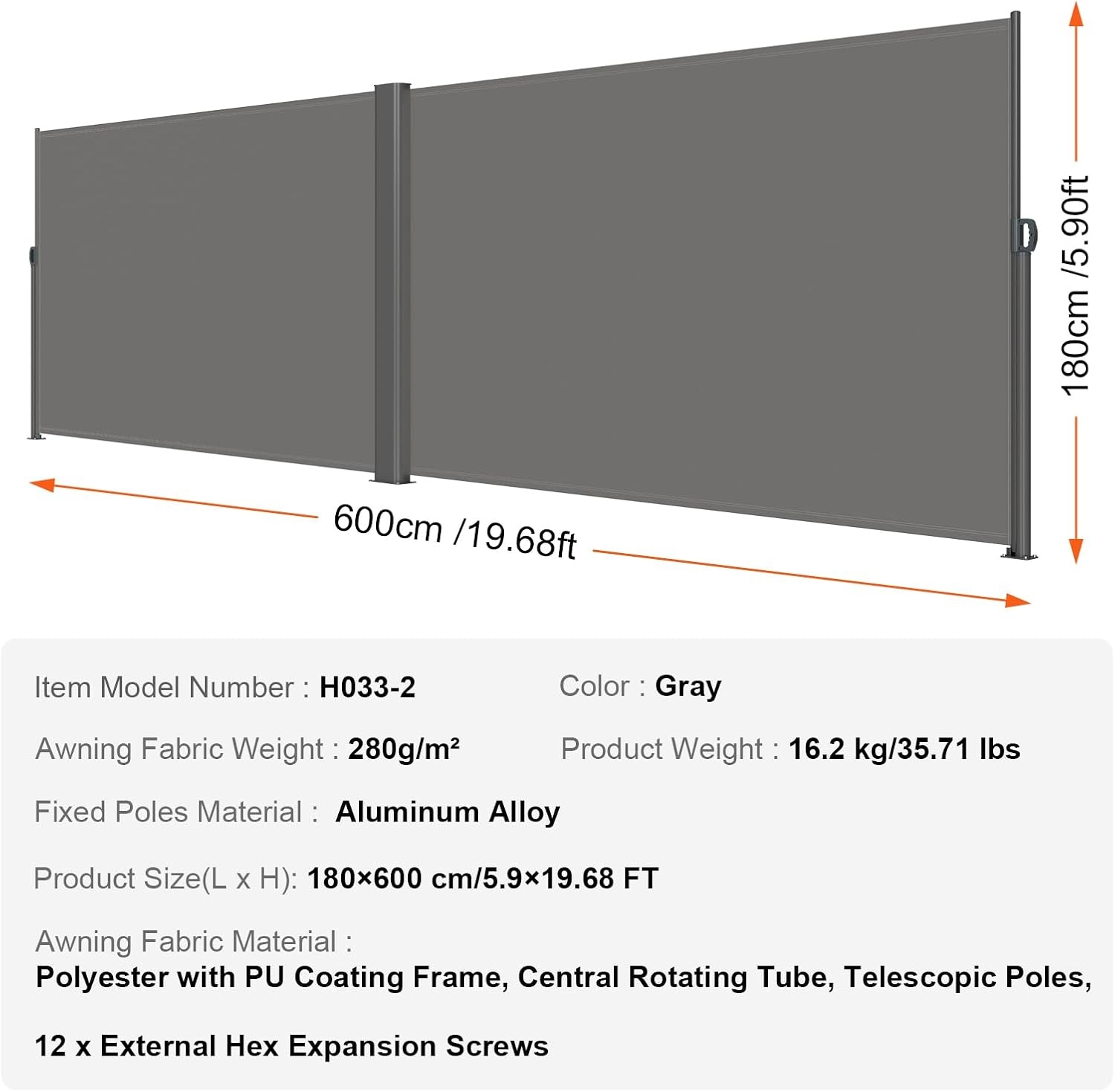 image:imageVEVOR Retractable Side Awning UV 50 236 x 63 Double Retractable Patio Screen Waterproof 280 g Thicken Retractable Room Divider Black for Privacy Garden Outdoor Patio and Terrace BeigeGray