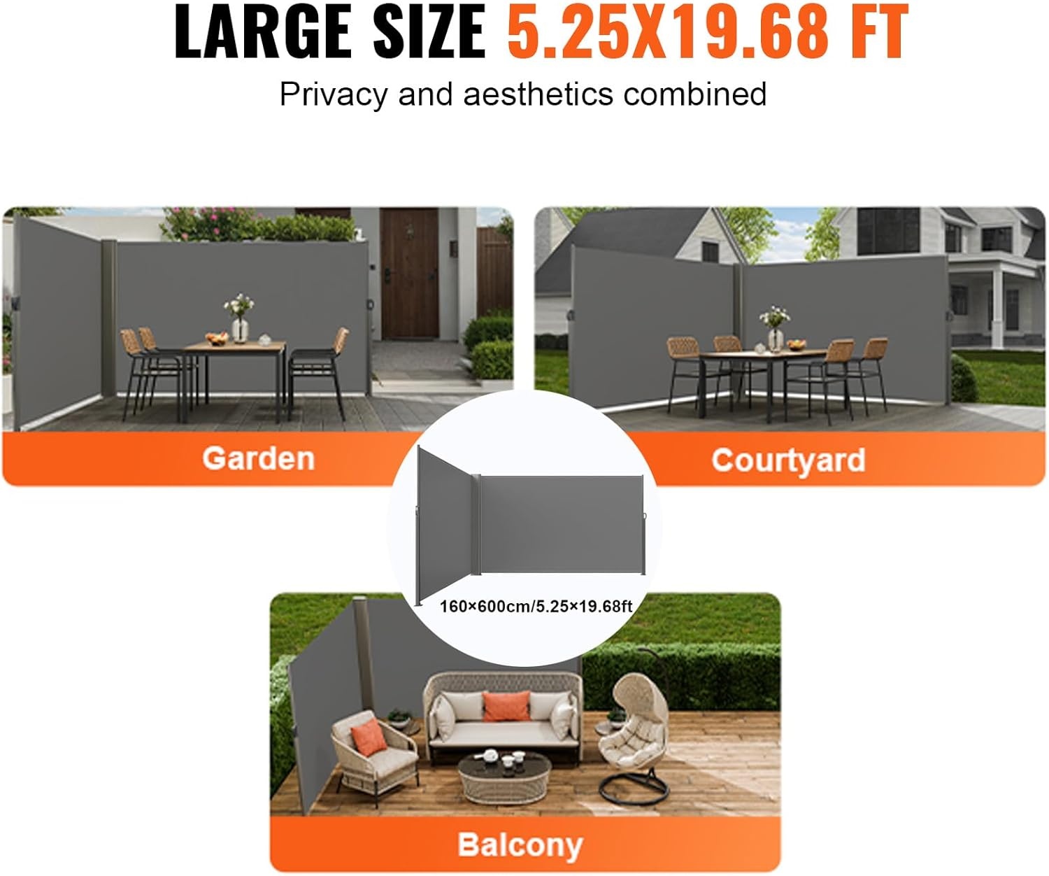 image:imageVEVOR Retractable Side Awning UV 50 236 x 63 Double Retractable Patio Screen Waterproof 280 g Thicken Retractable Room Divider Black for Privacy Garden Outdoor Patio and Terrace BeigeGray