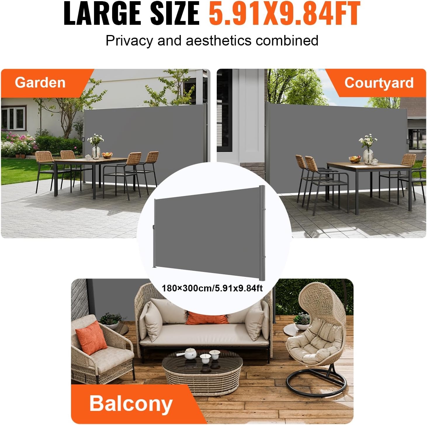 image:imageVEVOR Retractable Side Awning UV 50 236 x 63 Double Retractable Patio Screen Waterproof 280 g Thicken Retractable Room Divider Black for Privacy Garden Outdoor Patio and Terrace BeigeGray