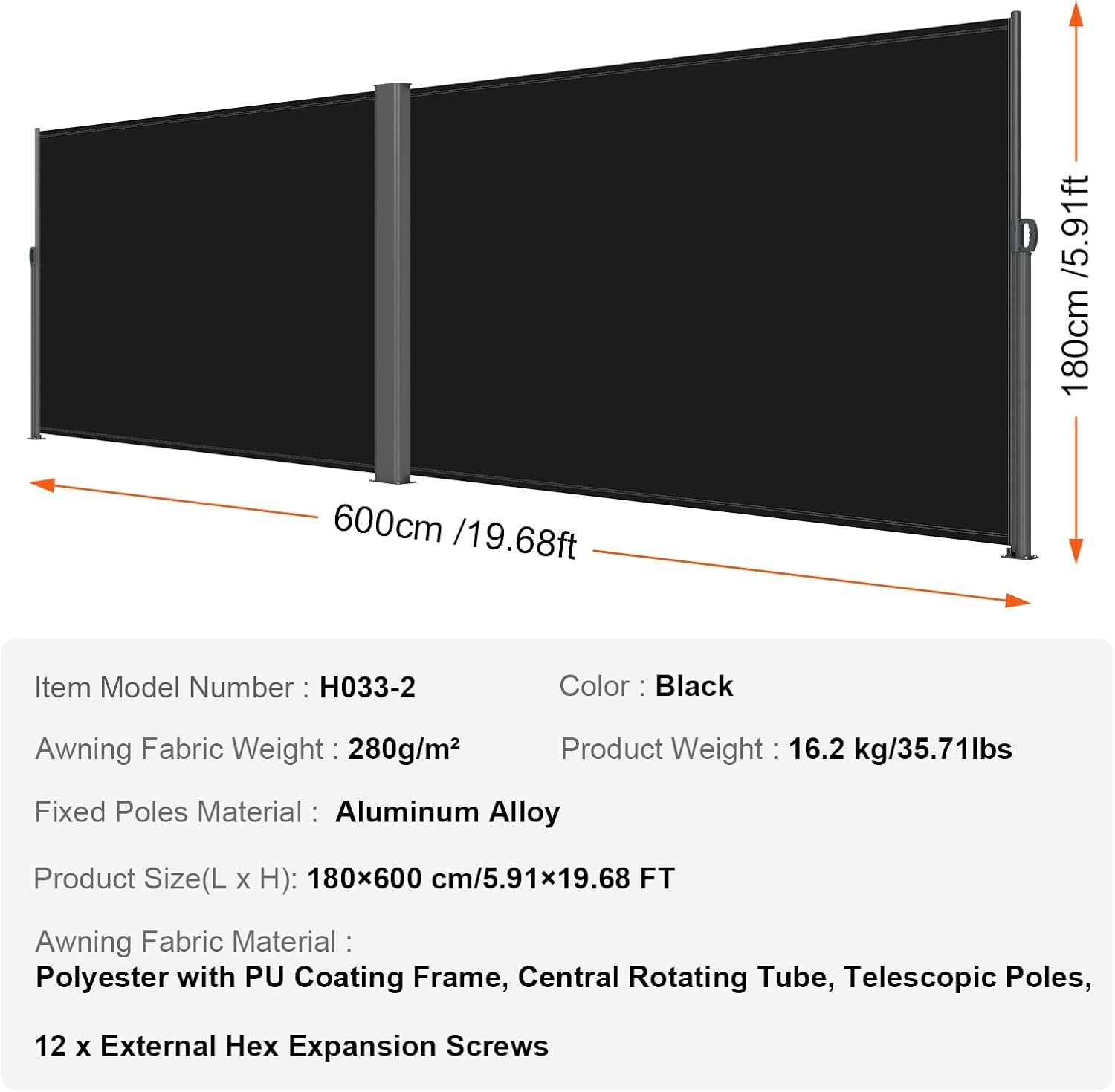 image:imageVEVOR Retractable Side Awning UV 50 236 x 63 Double Retractable Patio Screen Waterproof 280 g Thicken Retractable Room Divider Black for Privacy Garden Outdoor Patio and Terrace BeigeBlack