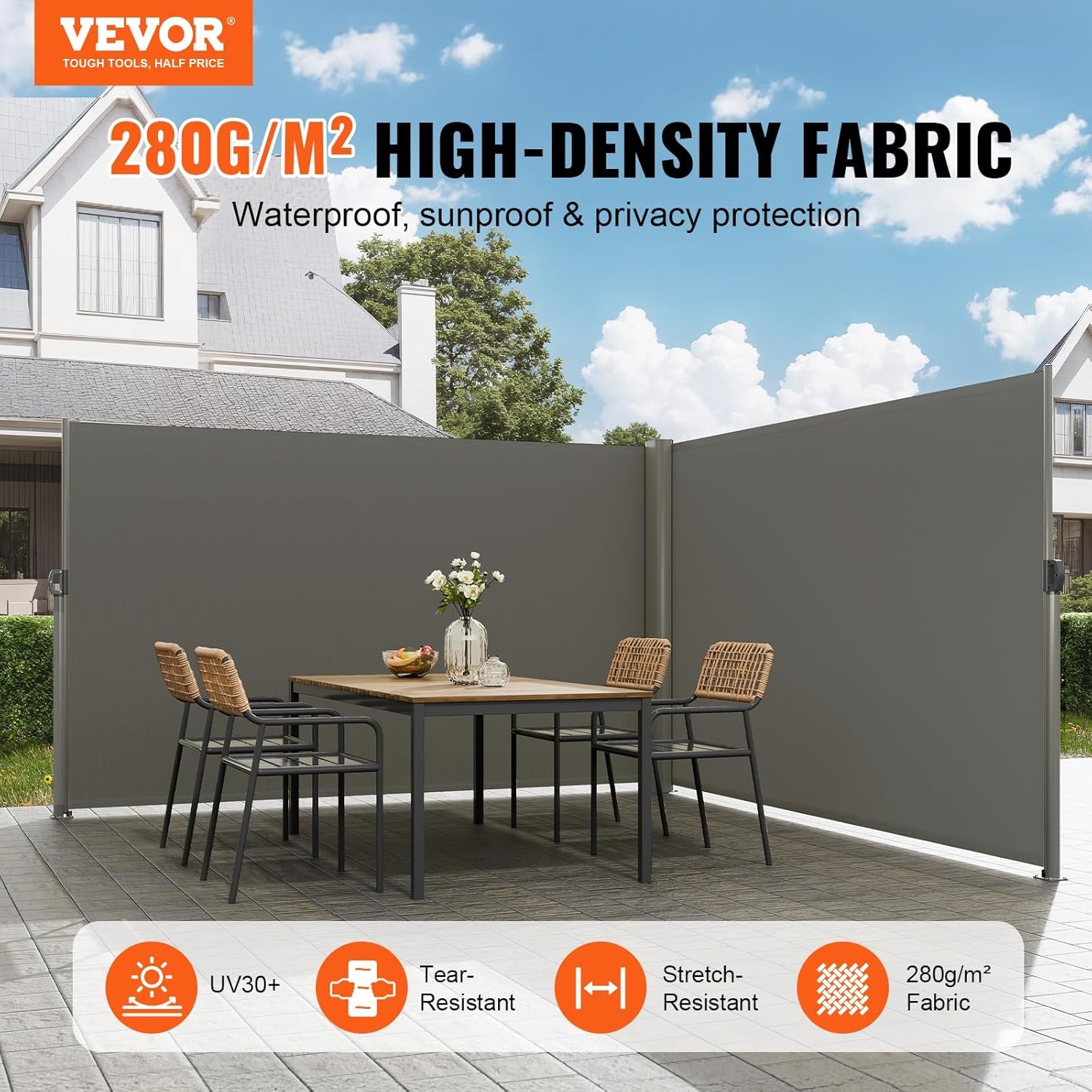 image:imageVEVOR Retractable Side Awning UV 50 236 x 63 Double Retractable Patio Screen Waterproof 280 g Thicken Retractable Room Divider Black for Privacy Garden Outdoor Patio and Terrace BeigeGray
