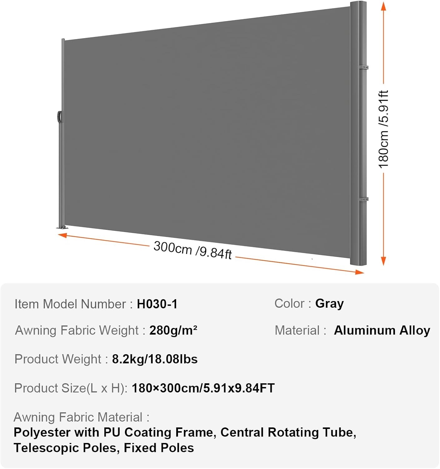 image:imageVEVOR Retractable Side Awning UV 50 236 x 63 Double Retractable Patio Screen Waterproof 280 g Thicken Retractable Room Divider Black for Privacy Garden Outdoor Patio and Terrace BeigeGray