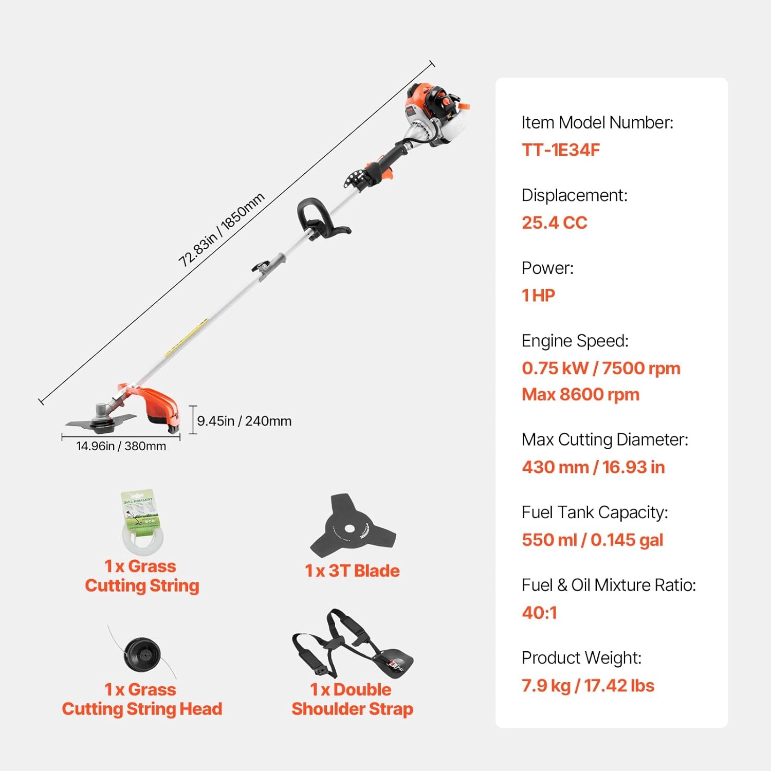 image:imageVEVOR String Trimmer 252CC 2Stroke Gas Powered Weed Wacker 169 Cordless Grass Trimmer MultiFunctional Lawn Edger with Shoulder Strap amp 3T Blade Weed Eater for Quick Grass Cleaning