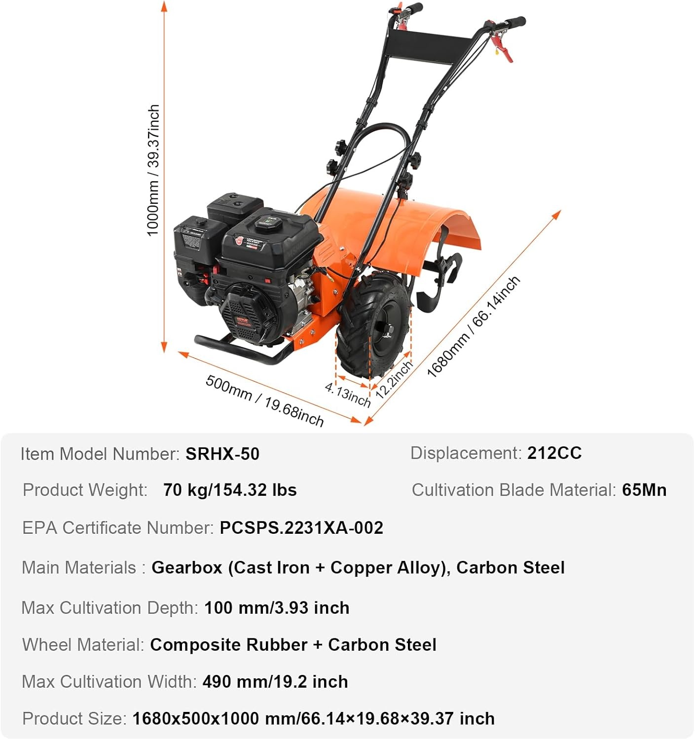 image:imageVEVOR Tiller Cultivator 212CC 4Stroke Garden Cultivator Tiller with 4 Steel Adjustable Rear Tines for Lawn Garden and Field Soil Cultivation212CC 4Stroke