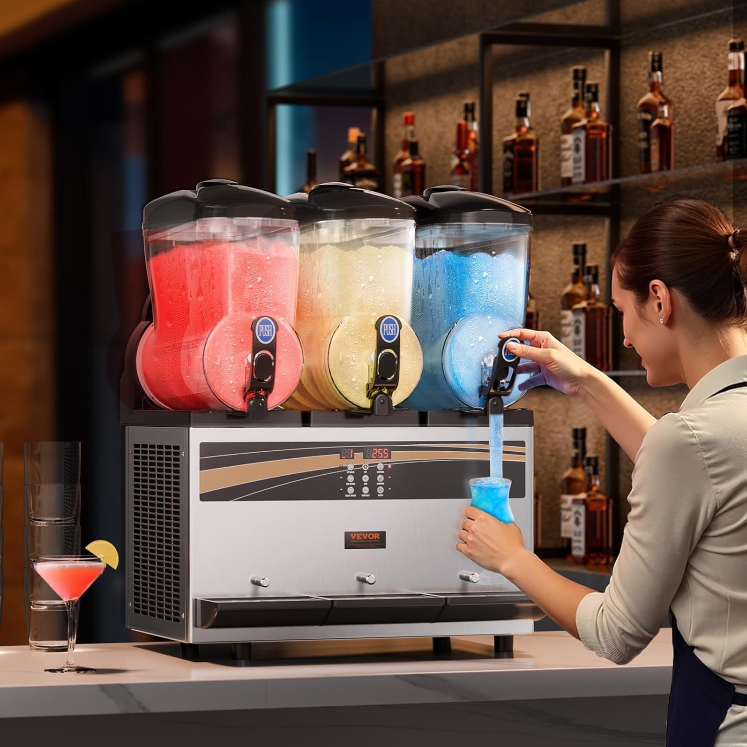 image:imageVEVOR Commercial Margarita Machine 15Lx3 Triple Tank Slushie Machine 180 Cups Stainless Steel Margarita Smoothie Frozen Drink Maker Slushy Maker for Home Party Restaurants Cafe Bars