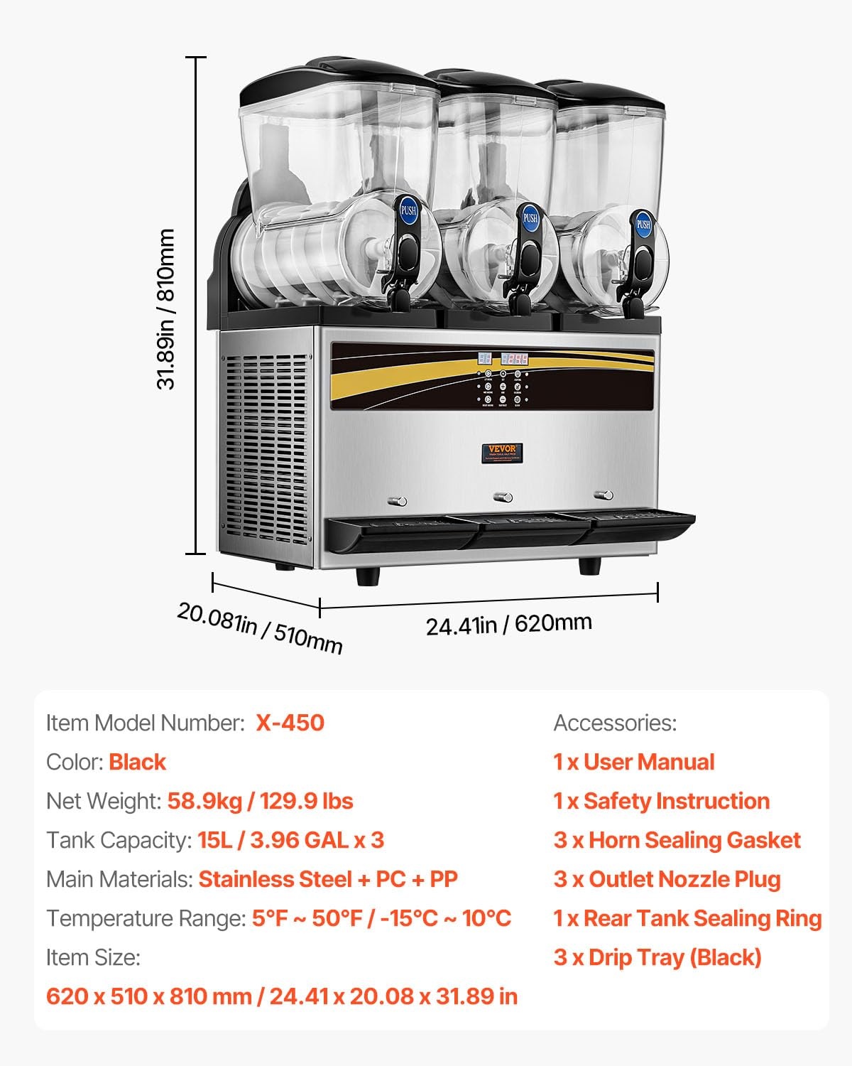 image:imageVEVOR Commercial Margarita Machine 15Lx3 Triple Tank Slushie Machine 180 Cups Stainless Steel Margarita Smoothie Frozen Drink Maker Slushy Maker for Home Party Restaurants Cafe Bars