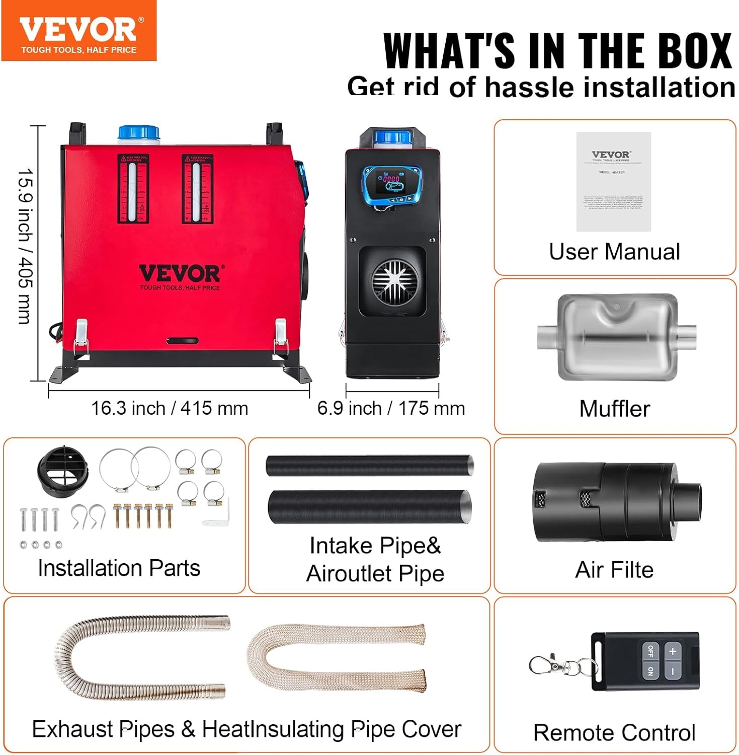 image:imageVEVOR 8KW Diesel Air Heater Muffler Diesel Heater 12V 8000W Diesel Parking Heater Remote Control Remote Control with LCD Switch for Car Bus Trucks MotorHome and BoatsBlackRed