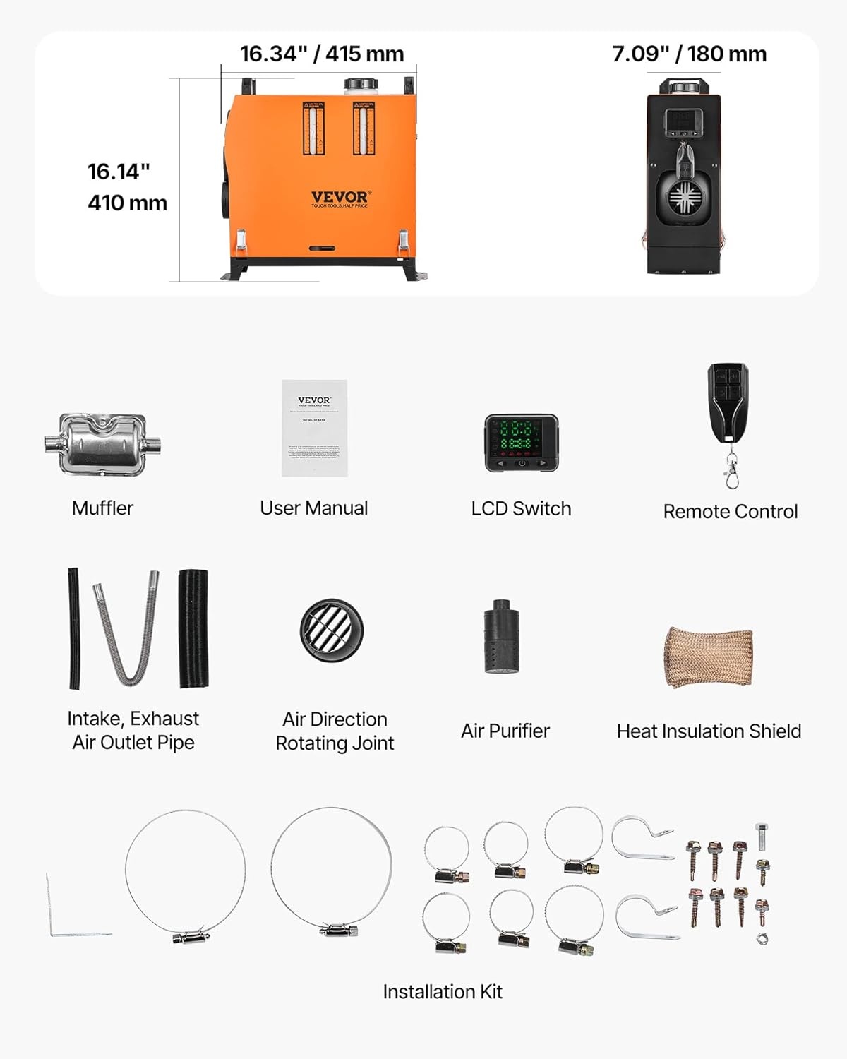 image:imageVEVOR 8KW Diesel Air Heater Muffler Diesel Heater 12V 8000W Diesel Parking Heater Remote Control Remote Control with LCD Switch for Car Bus Trucks MotorHome and BoatsOrange