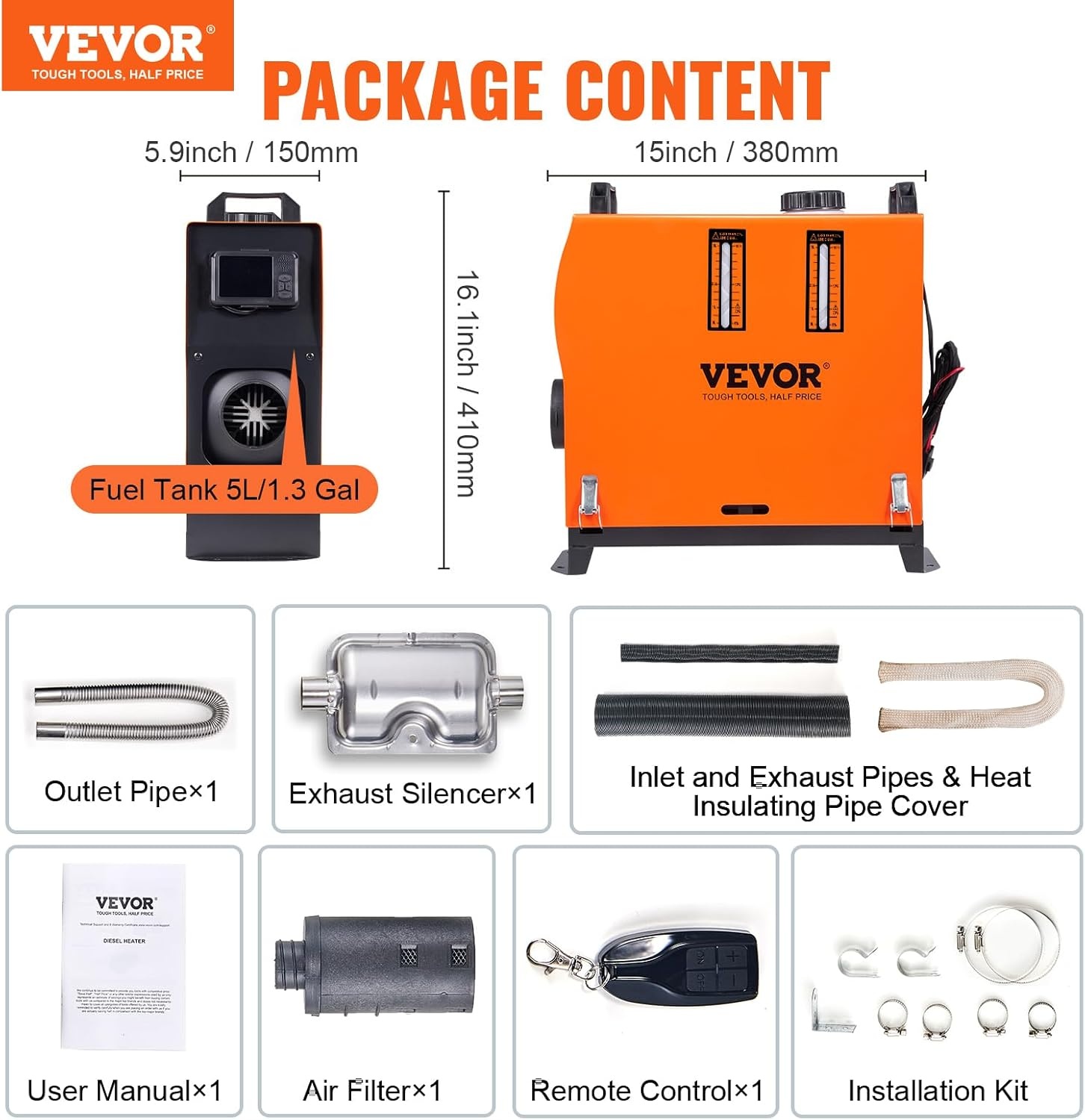 image:imageVEVOR 8KW Diesel Air Heater Muffler Diesel Heater 12V 8000W Diesel Parking Heater Remote Control Remote Control with LCD Switch for Car Bus Trucks MotorHome and BoatsOrange