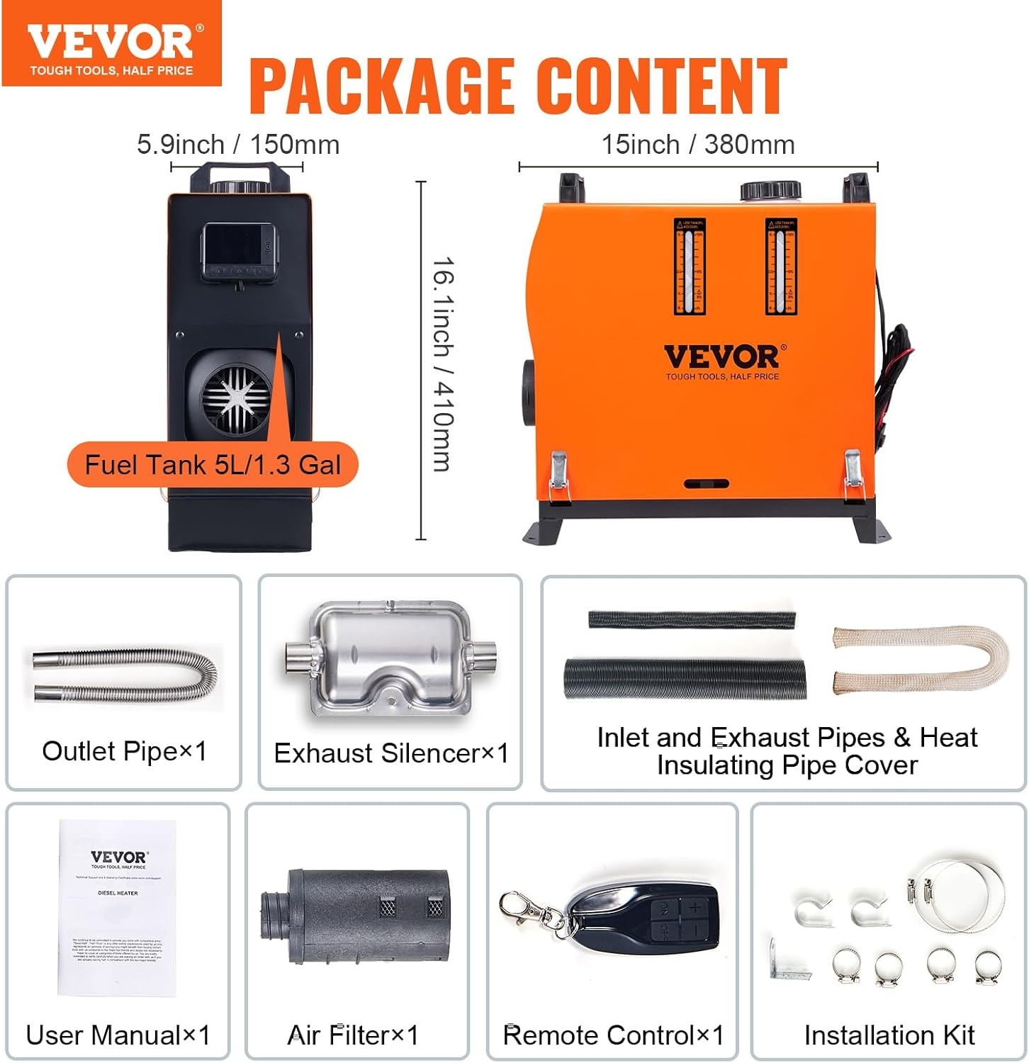 image:imageVEVOR 8KW Diesel Air Heater Muffler Diesel Heater 12V 8000W Diesel Parking Heater Remote Control Remote Control with LCD Switch for Car Bus Trucks MotorHome and BoatsOrange