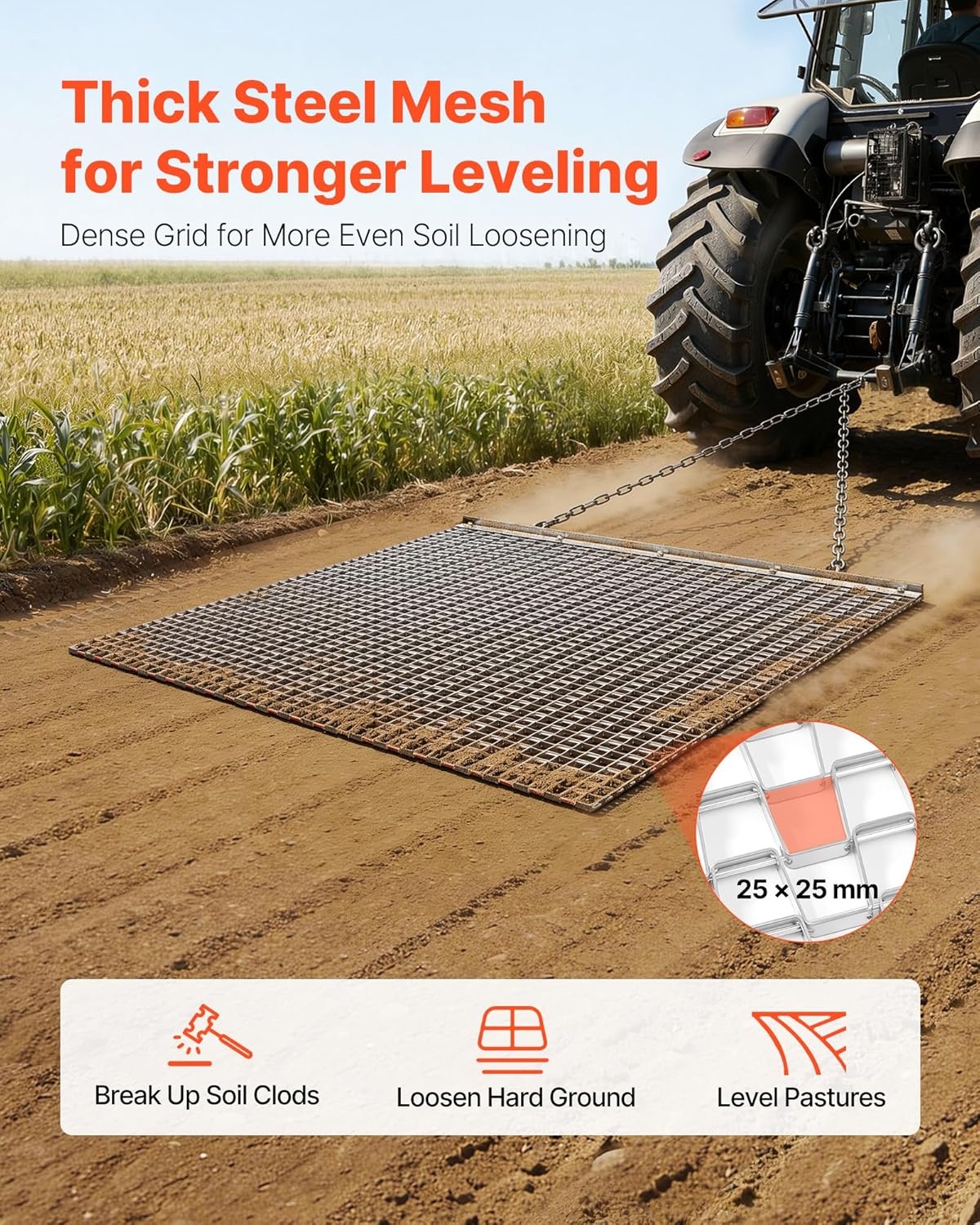 image:imageVEVOR Baseball Field Drag Mat Field Drag Yard Drag for ATVs UTVs Tractors Durable Galvanized Steel Mesh Drag Mat with Towing Chain for Gravel Driveway Ruts Farm Field Leveling4803 x 4803 x 039