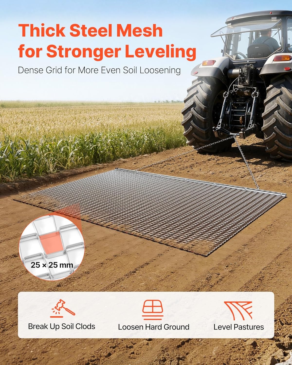 image:imageVEVOR Baseball Field Drag Mat Field Drag Yard Drag for ATVs UTVs Tractors Durable Galvanized Steel Mesh Drag Mat with Towing Chain for Gravel Driveway Ruts Farm Field Leveling7913 x 4803 x 039 inch