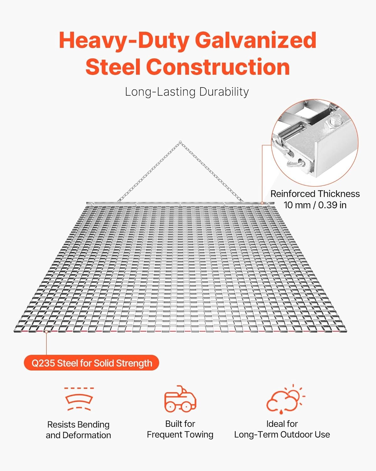 image:imageVEVOR Baseball Field Drag Mat Field Drag Yard Drag for ATVs UTVs Tractors Durable Galvanized Steel Mesh Drag Mat with Towing Chain for Gravel Driveway Ruts Farm Field Leveling4803 x 4803 x 039