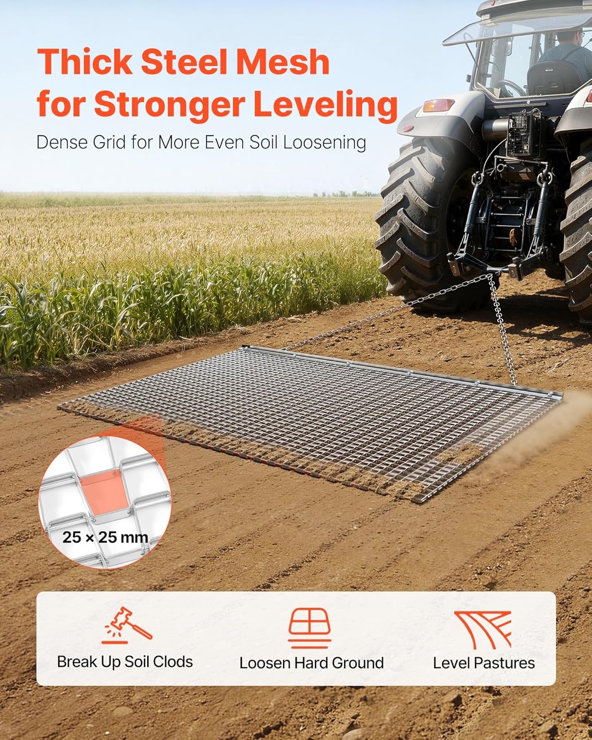 image:imageVEVOR Baseball Field Drag Mat Field Drag Yard Drag for ATVs UTVs Tractors Durable Galvanized Steel Mesh Drag Mat with Towing Chain for Gravel Driveway Ruts Farm Field Leveling6004 x 3598 x 039 inch