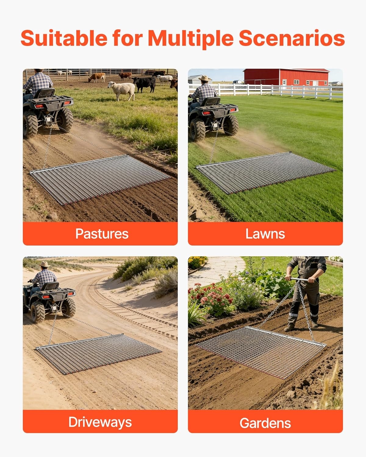 image:imageVEVOR Baseball Field Drag Mat Field Drag Yard Drag for ATVs UTVs Tractors Durable Galvanized Steel Mesh Drag Mat with Towing Chain for Gravel Driveway Ruts Farm Field Leveling6004 x 3598 x 039 inch