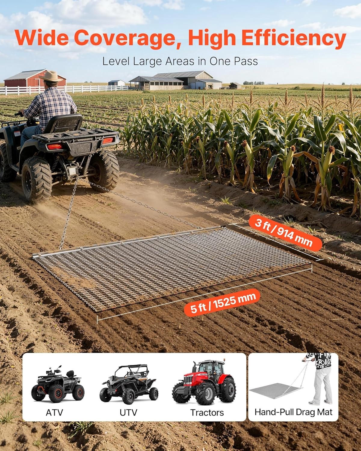 image:imageVEVOR Baseball Field Drag Mat Field Drag Yard Drag for ATVs UTVs Tractors Durable Galvanized Steel Mesh Drag Mat with Towing Chain for Gravel Driveway Ruts Farm Field Leveling6004 x 3598 x 039 inch
