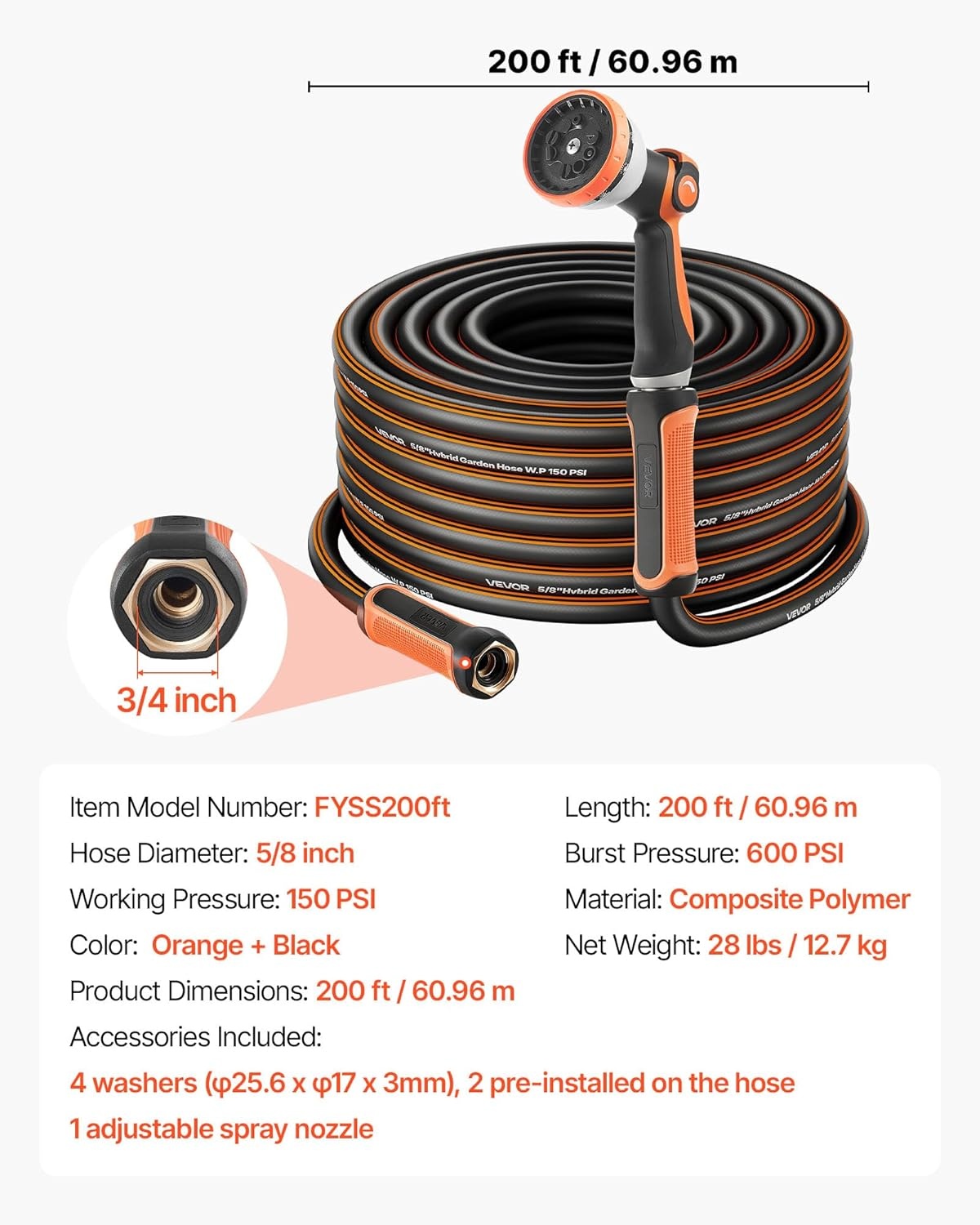 image:imageVEVOR Garden Hose 75 ft 58 Heavy Duty 4Layer Rubber Water Hose 150PSI Working amp 600PSI Burst Flexible amp Nonkink Outdoor Waterhose with 34 Fitting Lightweight Hoses for Gardening Cleaning200 ft with 10Pattern Nozzle