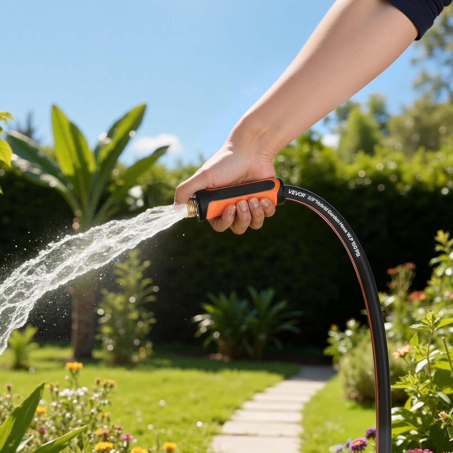 image:imageVEVOR Garden Hose 75 ft 58 Heavy Duty 4Layer Rubber Water Hose 150PSI Working amp 600PSI Burst Flexible amp Nonkink Outdoor Waterhose with 34 Fitting Lightweight Hoses for Gardening Cleaning75 ft