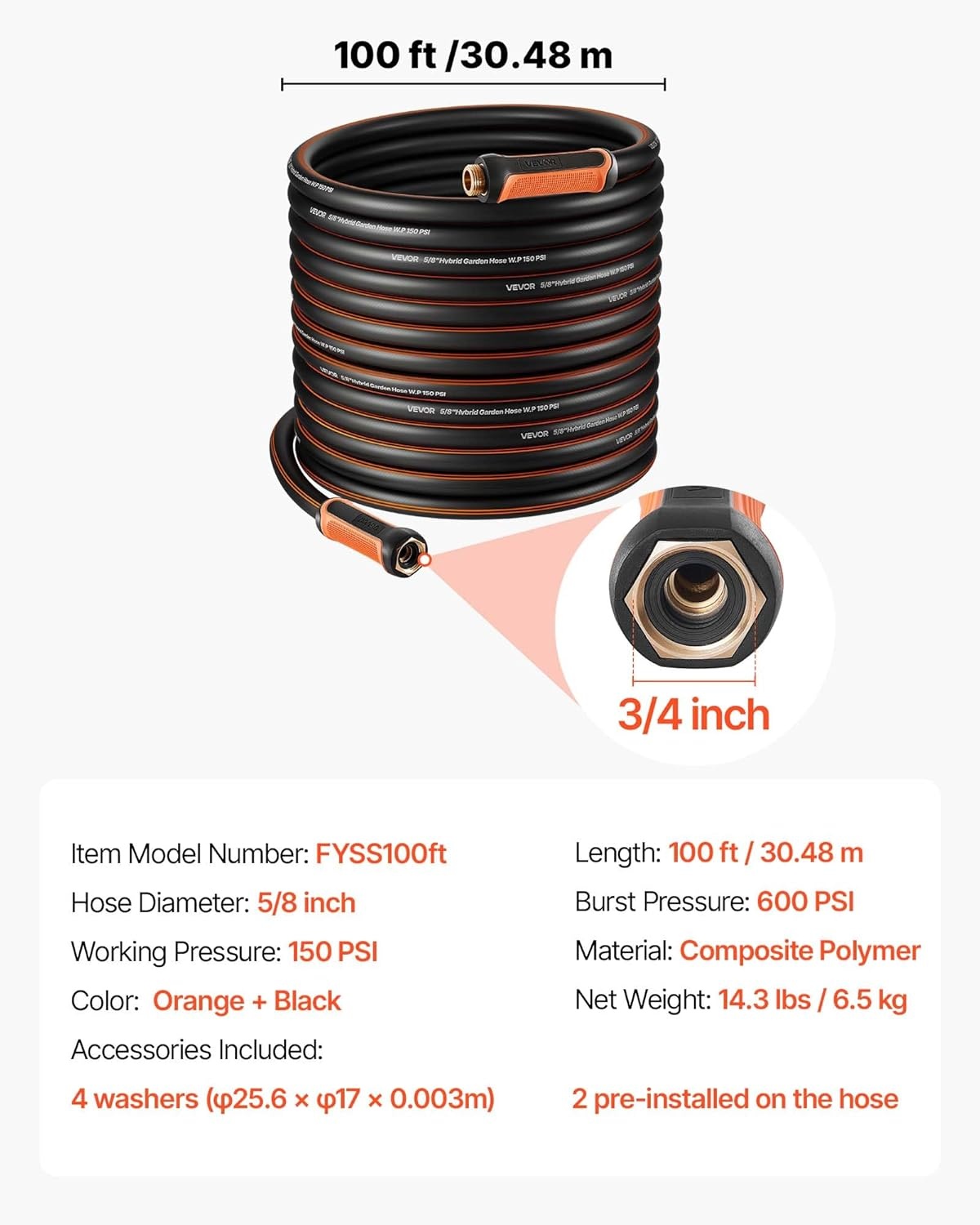 image:imageVEVOR Garden Hose 75 ft 58 Heavy Duty 4Layer Rubber Water Hose 150PSI Working amp 600PSI Burst Flexible amp Nonkink Outdoor Waterhose with 34 Fitting Lightweight Hoses for Gardening Cleaning100 ft