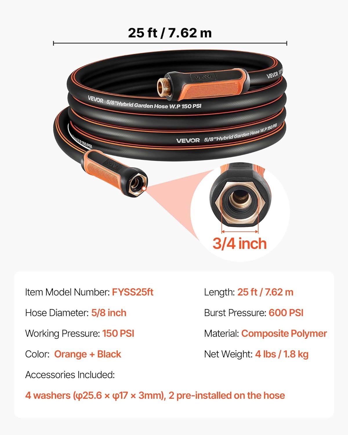image:imageVEVOR Garden Hose 75 ft 58 Heavy Duty 4Layer Rubber Water Hose 150PSI Working amp 600PSI Burst Flexible amp Nonkink Outdoor Waterhose with 34 Fitting Lightweight Hoses for Gardening Cleaning25 ft
