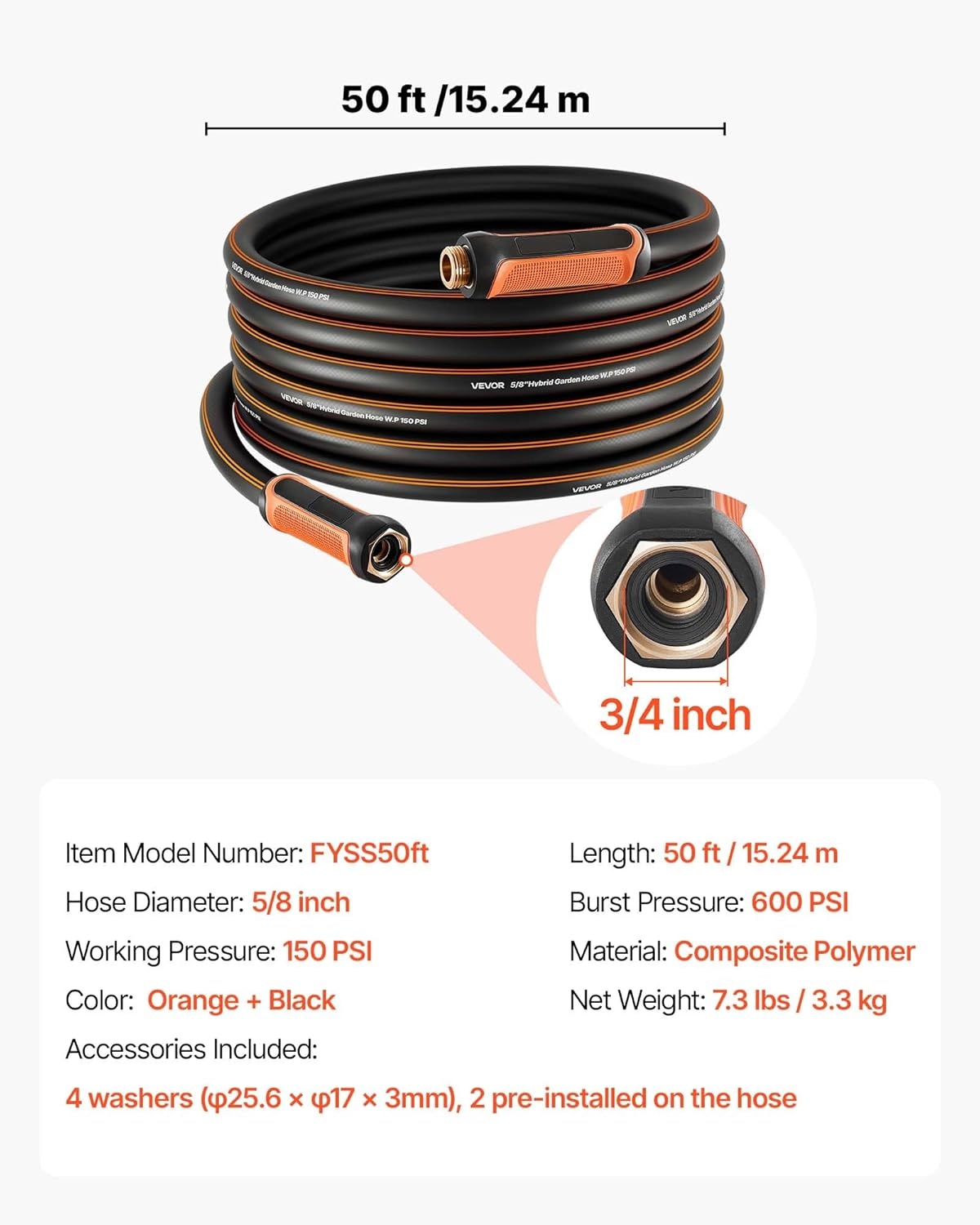 image:imageVEVOR Garden Hose 75 ft 58 Heavy Duty 4Layer Rubber Water Hose 150PSI Working amp 600PSI Burst Flexible amp Nonkink Outdoor Waterhose with 34 Fitting Lightweight Hoses for Gardening Cleaning50 ft