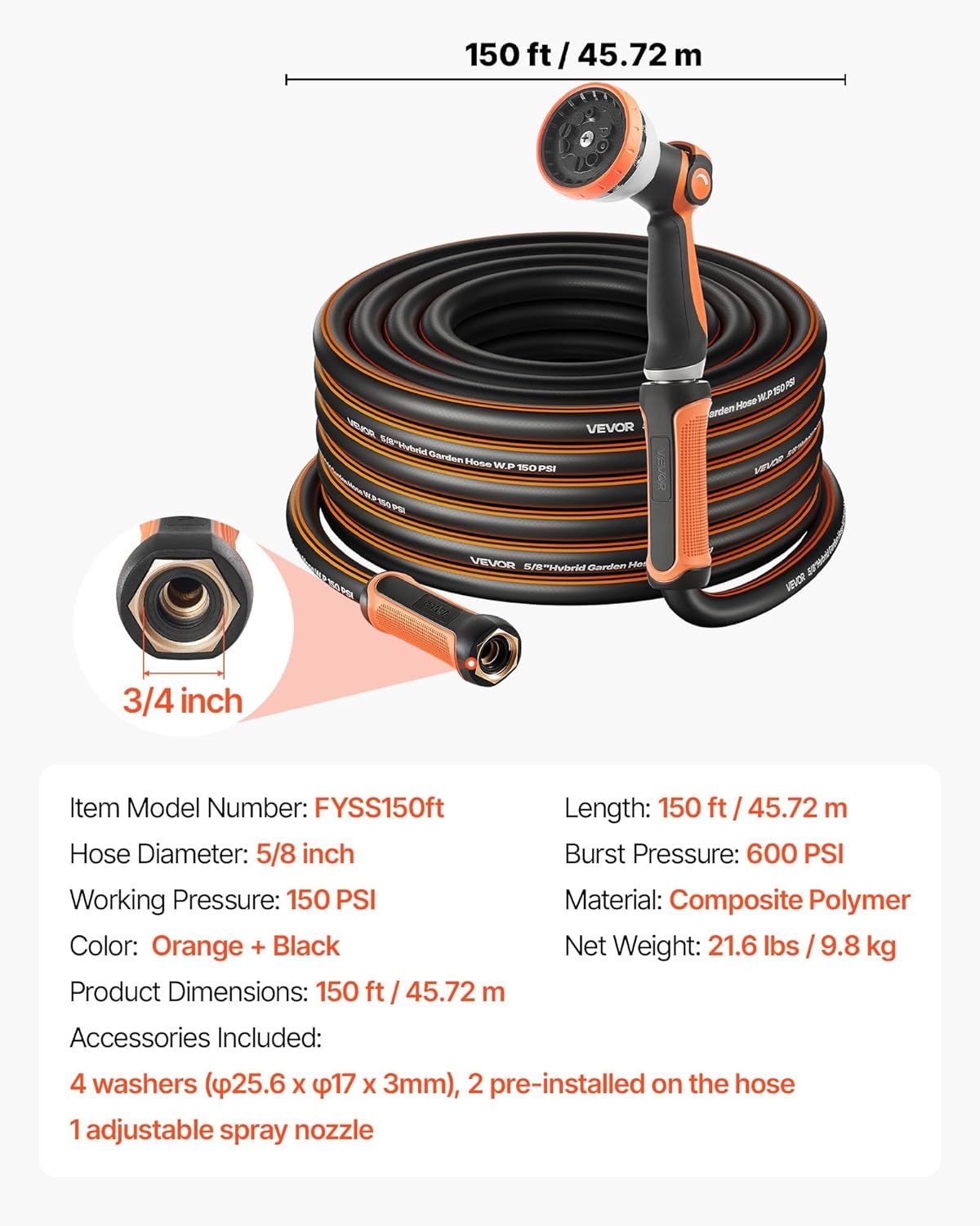 image:imageVEVOR Garden Hose 75 ft 58 Heavy Duty 4Layer Rubber Water Hose 150PSI Working amp 600PSI Burst Flexible amp Nonkink Outdoor Waterhose with 34 Fitting Lightweight Hoses for Gardening Cleaning150 ft