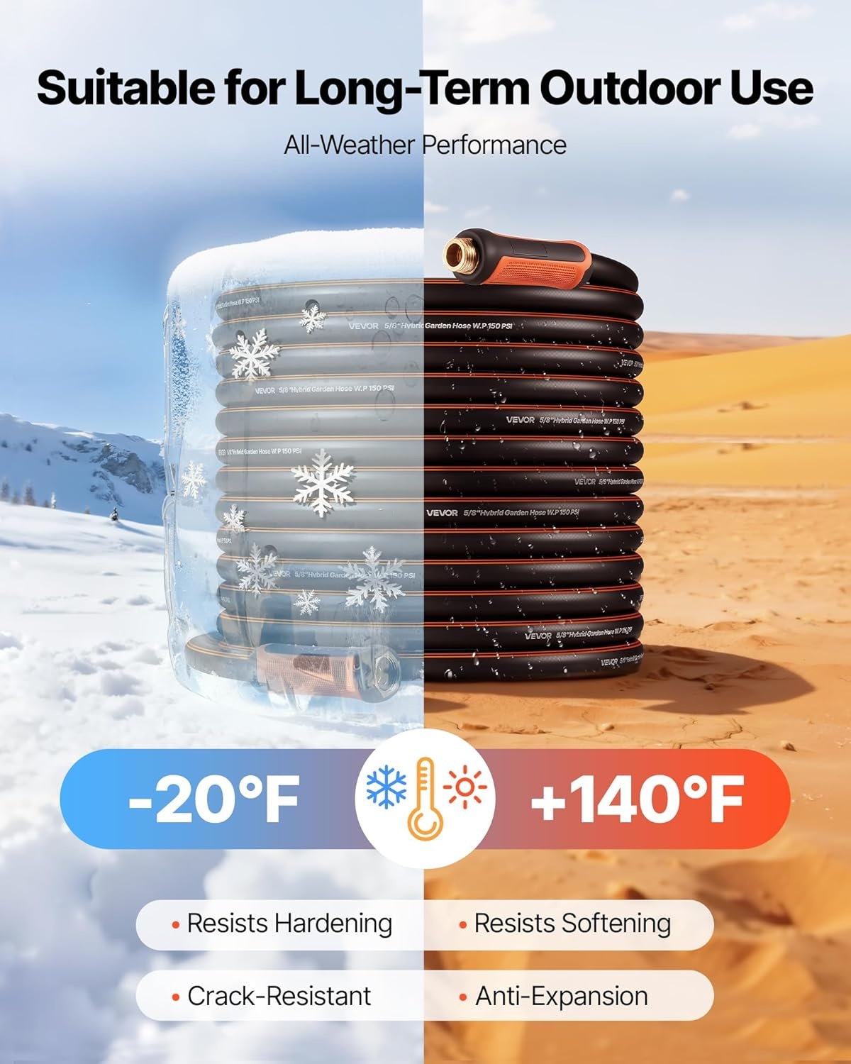 image:imageVEVOR Garden Hose 75 ft 58 Heavy Duty 4Layer Rubber Water Hose 150PSI Working amp 600PSI Burst Flexible amp Nonkink Outdoor Waterhose with 34 Fitting Lightweight Hoses for Gardening Cleaning100 ft