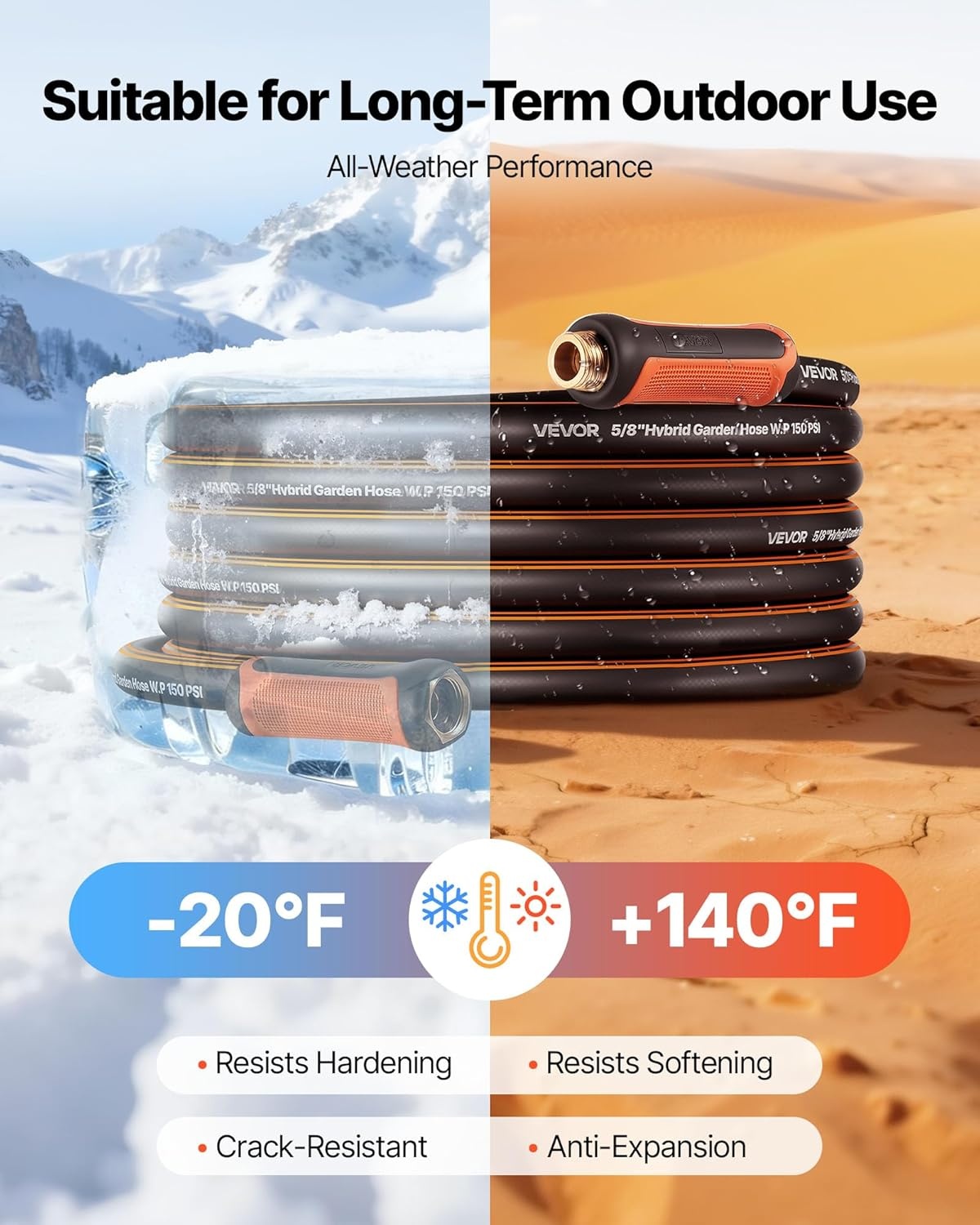 image:imageVEVOR Garden Hose 75 ft 58 Heavy Duty 4Layer Rubber Water Hose 150PSI Working amp 600PSI Burst Flexible amp Nonkink Outdoor Waterhose with 34 Fitting Lightweight Hoses for Gardening Cleaning150 ft