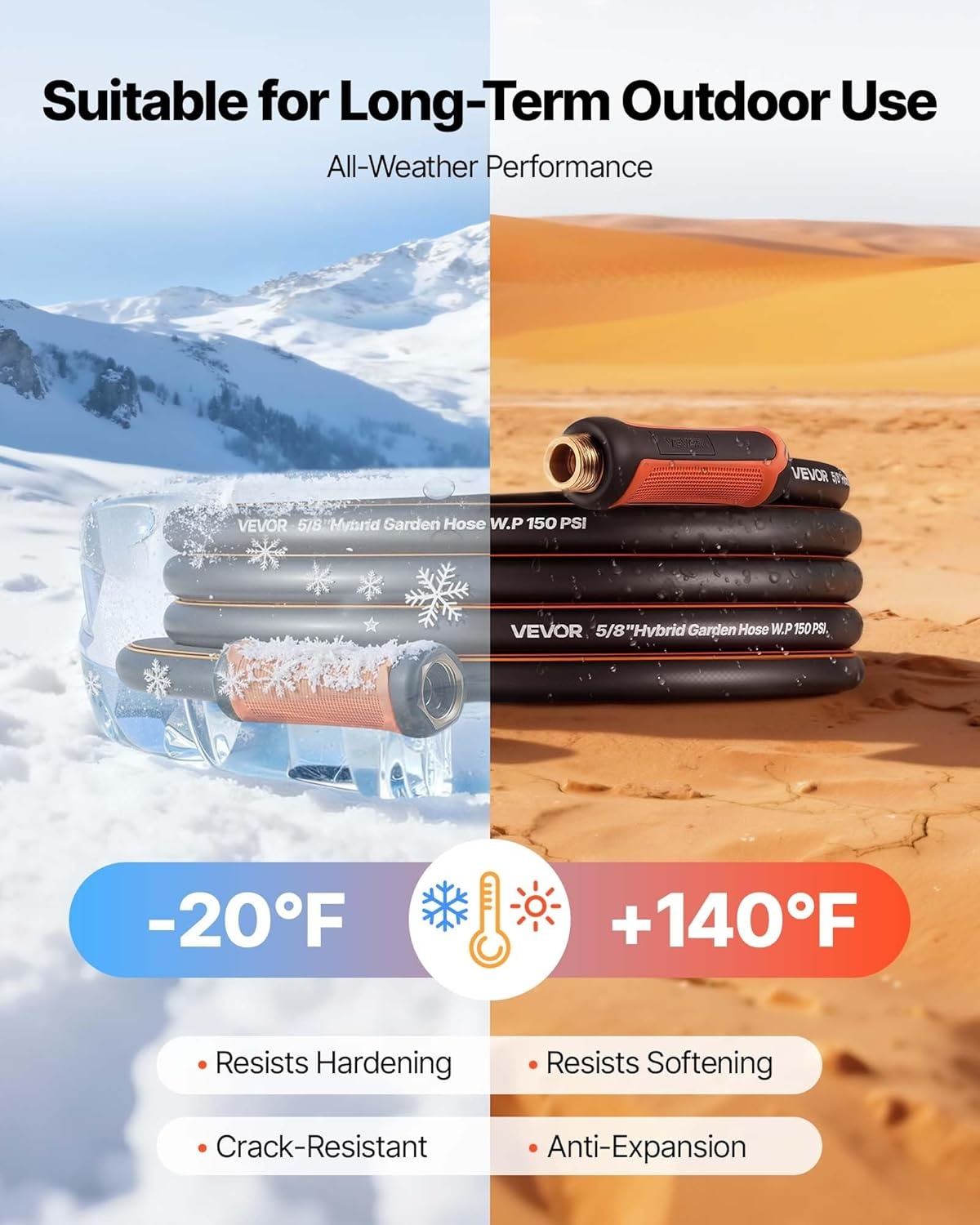 image:imageVEVOR Garden Hose 75 ft 58 Heavy Duty 4Layer Rubber Water Hose 150PSI Working amp 600PSI Burst Flexible amp Nonkink Outdoor Waterhose with 34 Fitting Lightweight Hoses for Gardening Cleaning25 ft