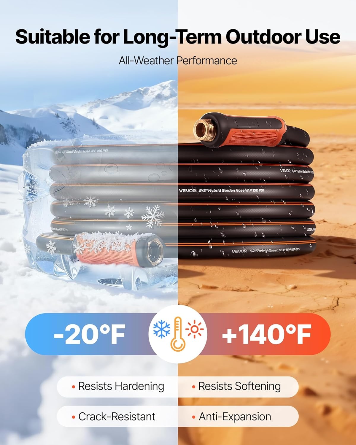 image:imageVEVOR Garden Hose 75 ft 58 Heavy Duty 4Layer Rubber Water Hose 150PSI Working amp 600PSI Burst Flexible amp Nonkink Outdoor Waterhose with 34 Fitting Lightweight Hoses for Gardening Cleaning50 ft