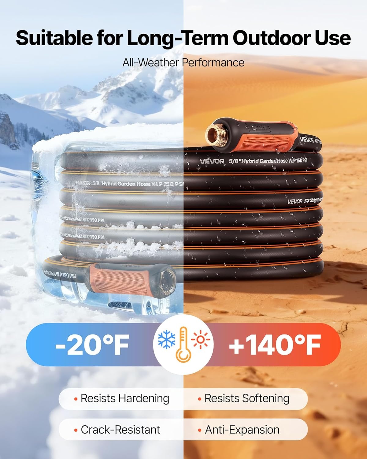 image:imageVEVOR Garden Hose 75 ft 58 Heavy Duty 4Layer Rubber Water Hose 150PSI Working amp 600PSI Burst Flexible amp Nonkink Outdoor Waterhose with 34 Fitting Lightweight Hoses for Gardening Cleaning200 ft with 10Pattern Nozzle