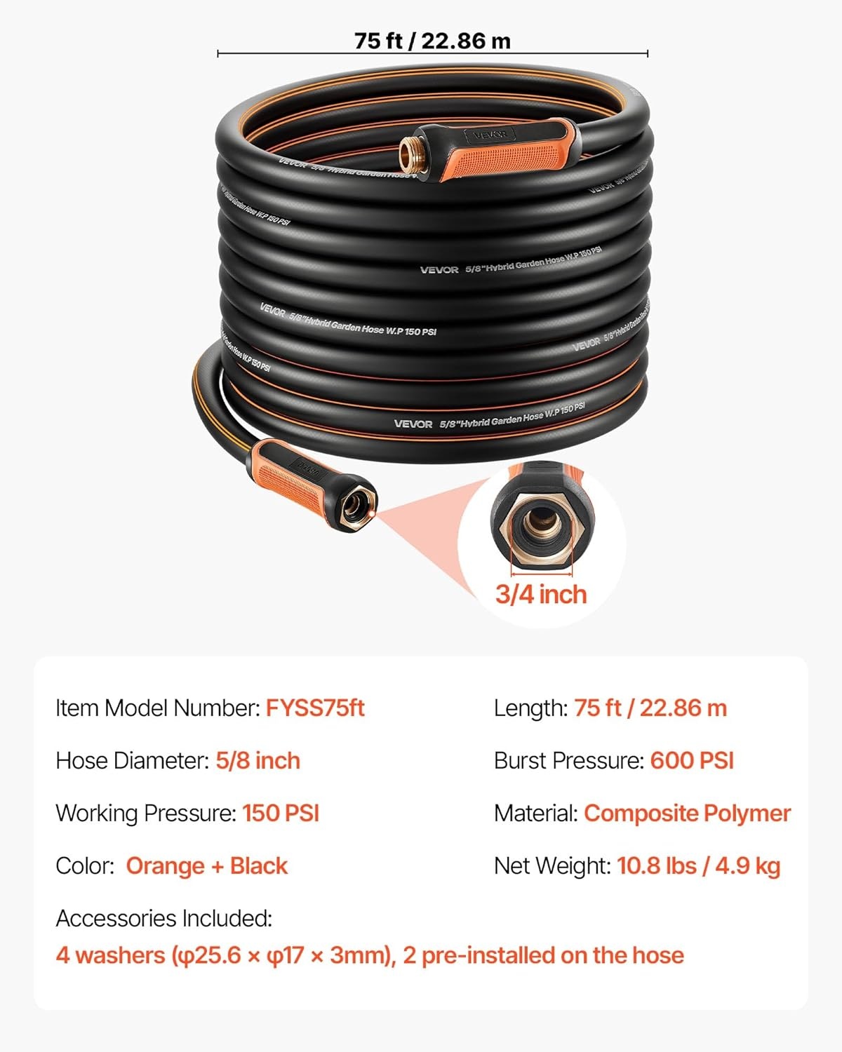 image:imageVEVOR Garden Hose 75 ft 58 Heavy Duty 4Layer Rubber Water Hose 150PSI Working amp 600PSI Burst Flexible amp Nonkink Outdoor Waterhose with 34 Fitting Lightweight Hoses for Gardening Cleaning75 ft