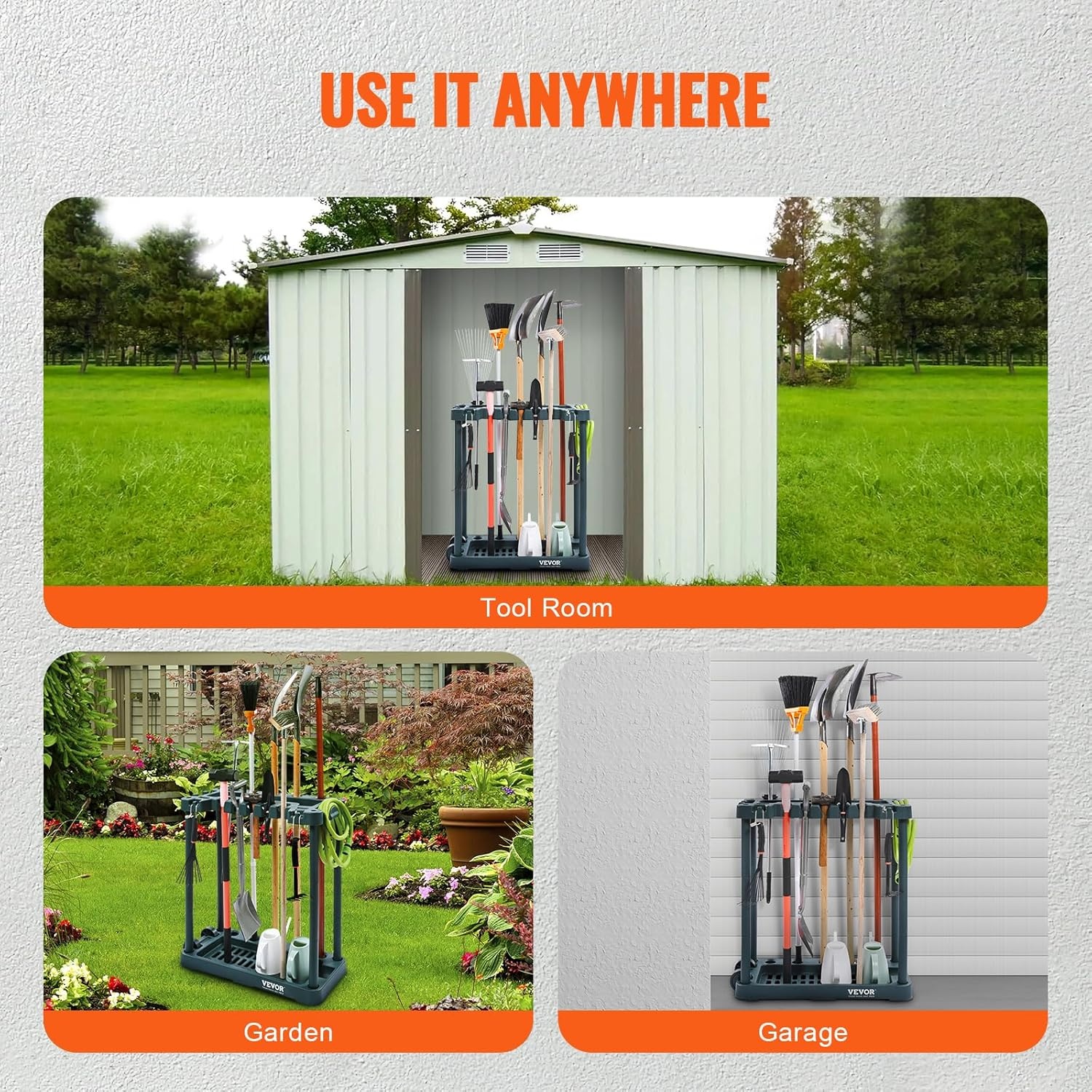image:imageVEVOR Garden Tool Organizer 10 Slots Yard Tool Tower Rack for Garage Organization and Storage Hold LongHandled ToolRakeBroomShovel PP Garden Tool Stand Holder Organizer for Yard Shed Outdoor