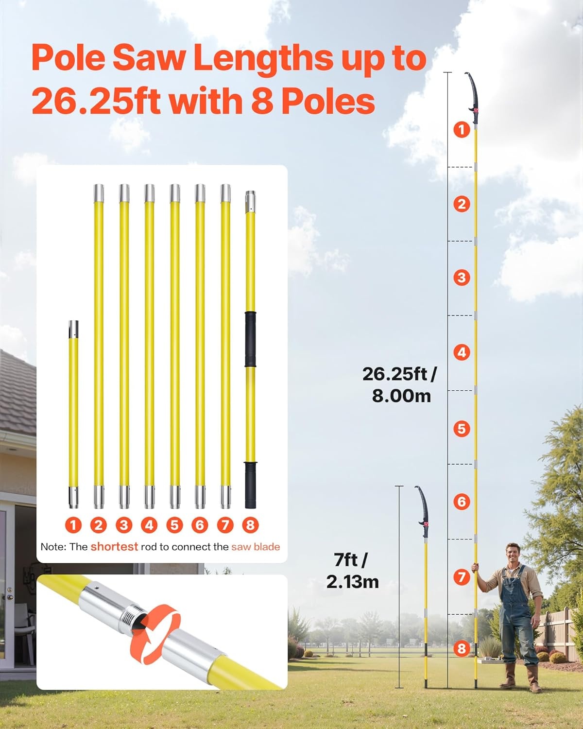image:imageVEVOR Manual Pole Saw 3842625 ft Extendable Pole Tree Pruner Sharp 65Mn Steel Blade Lightweight Fiberglass Handle Pole DoubleHook Saw for High Branch Trimming Pruning Tool for Palms Shrubs