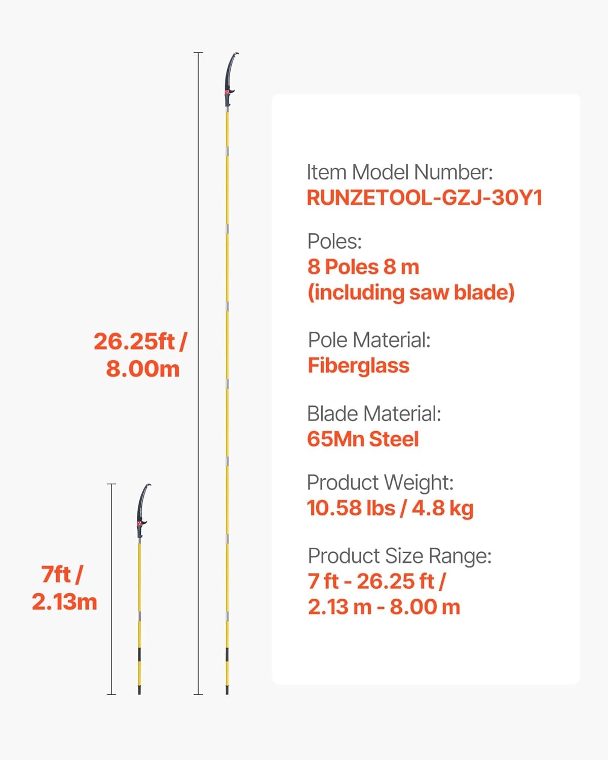 image:imageVEVOR Manual Pole Saw 3842625 ft Extendable Pole Tree Pruner Sharp 65Mn Steel Blade Lightweight Fiberglass Handle Pole DoubleHook Saw for High Branch Trimming Pruning Tool for Palms Shrubs
