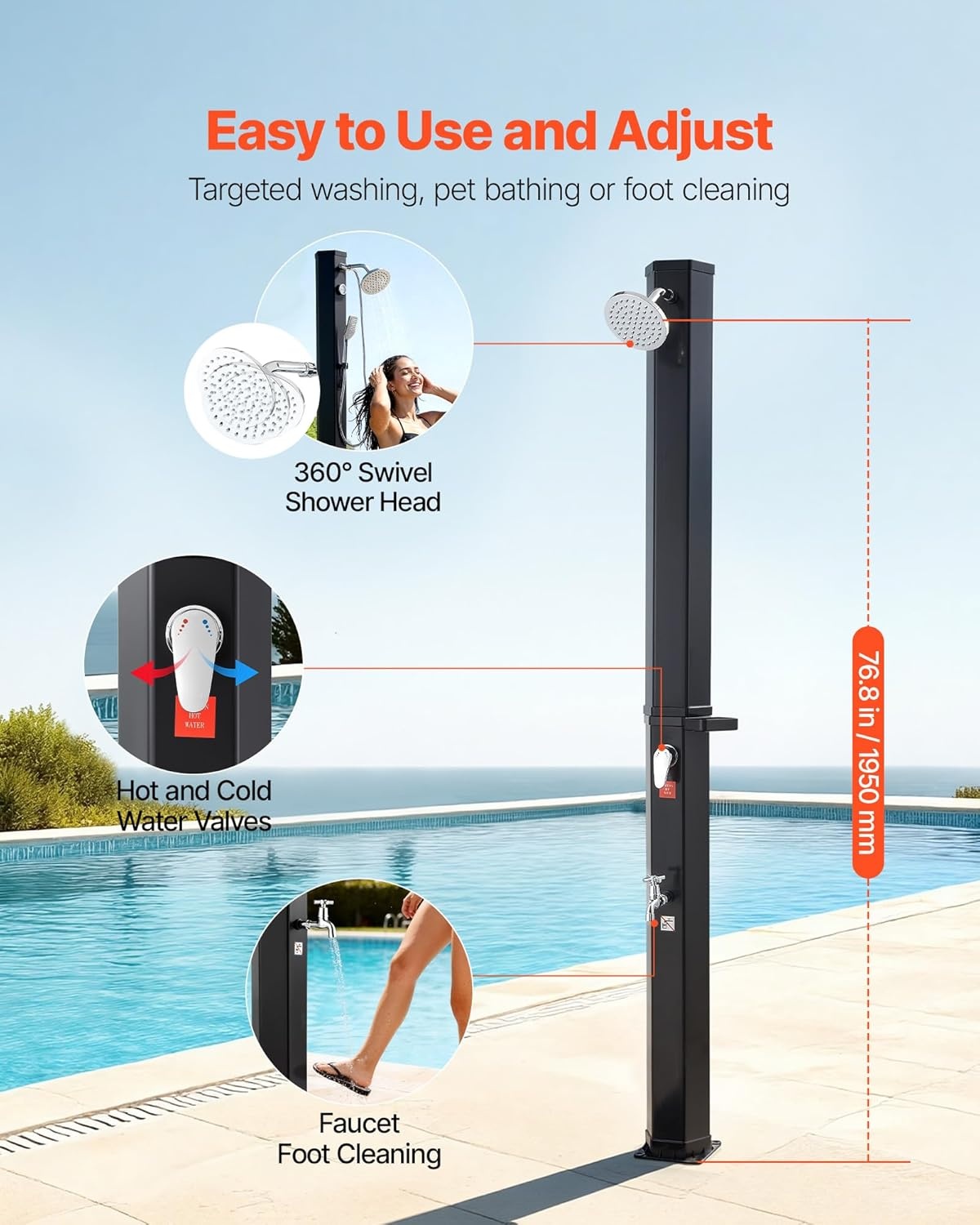 image:imageVEVOR Solar Shower 92 Gal 64FT Showerhead Height Outdoor Shower Black with Handheld amp Foot Faucet Hot amp Cold Water Adjustment Freestanding for Backyard Poolside Beach Pool