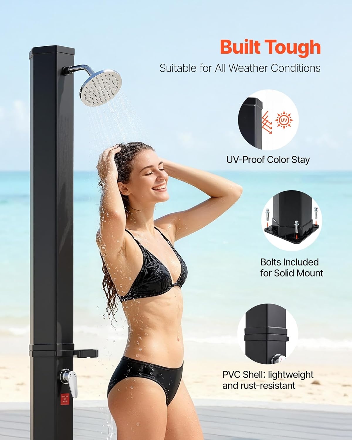 image:imageVEVOR Solar Shower 92 Gal 64FT Showerhead Height Outdoor Shower Black with Handheld amp Foot Faucet Hot amp Cold Water Adjustment Freestanding for Backyard Poolside Beach Pool