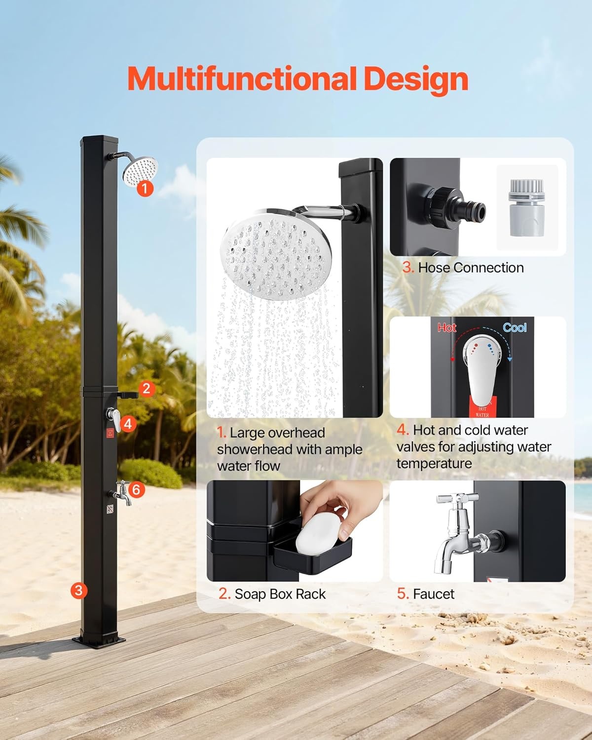 image:imageVEVOR Solar Shower 92 Gal 64FT Showerhead Height Outdoor Shower Black with Handheld amp Foot Faucet Hot amp Cold Water Adjustment Freestanding for Backyard Poolside Beach Pool
