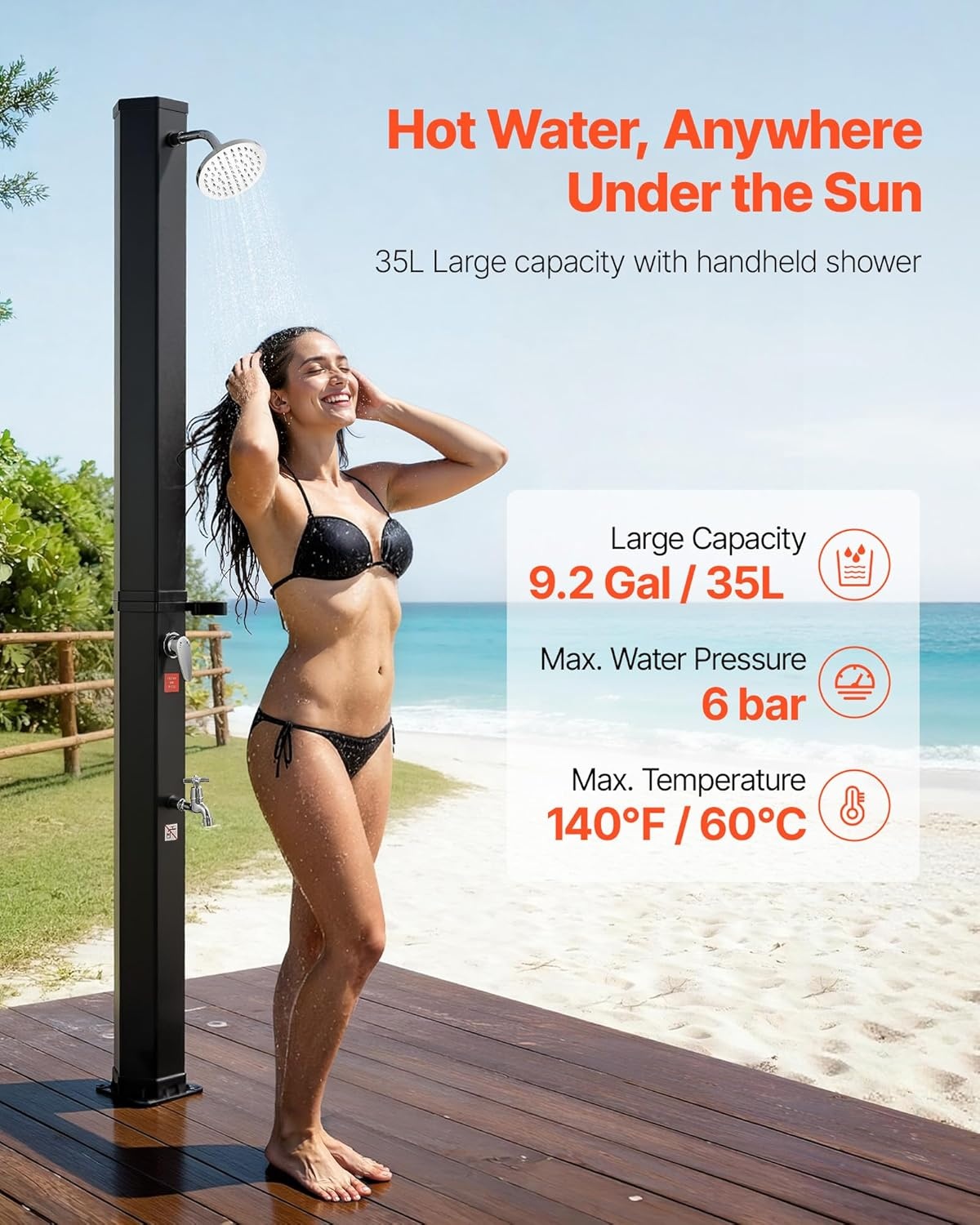 image:imageVEVOR Solar Shower 92 Gal 64FT Showerhead Height Outdoor Shower Black with Handheld amp Foot Faucet Hot amp Cold Water Adjustment Freestanding for Backyard Poolside Beach Pool