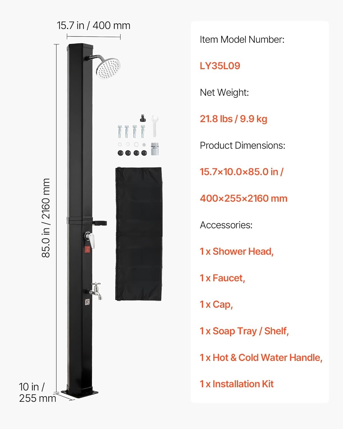image:imageVEVOR Solar Shower 92 Gal 64FT Showerhead Height Outdoor Shower Black with Handheld amp Foot Faucet Hot amp Cold Water Adjustment Freestanding for Backyard Poolside Beach Pool