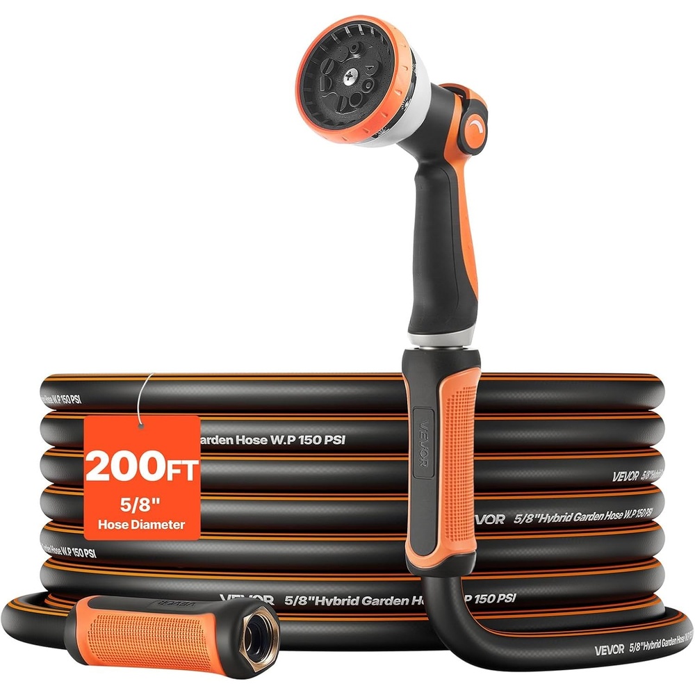 image:imageVEVOR Garden Hose 75 ft 58 Heavy Duty 4Layer Rubber Water Hose 150PSI Working amp 600PSI Burst Flexible amp Nonkink Outdoor Waterhose with 34 Fitting Lightweight Hoses for Gardening Cleaning200 ft with 10Pattern Nozzle
