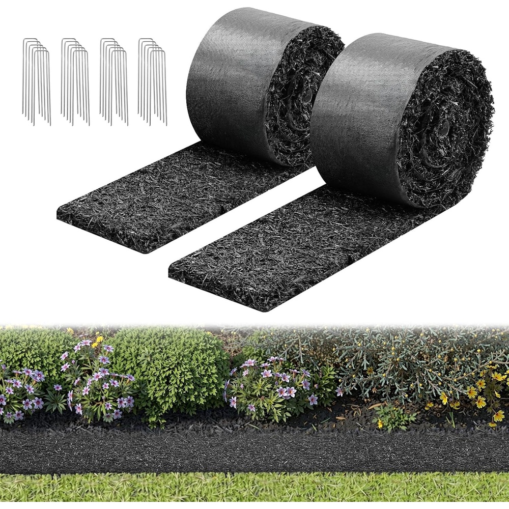 image:imageVEVOR Rubber Mulch Mat Roll 2 Rolls 120 x 45 in Recycled Rubber Permanent Mulch Edging Border NaturalLooking Flower Barrier with Stakes 05 in Thick Cuttable Garden Edgings for Landscaping
